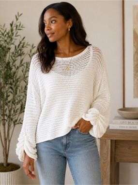 Polo Ralph Lauren White Open Knit Sweater M/M Ruched Balloon Sleeve Oversized